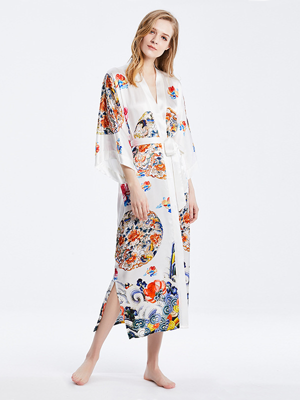 19 MOMME Kimono en soie imprimé traditionel blanc - grande taille -Soie Plus