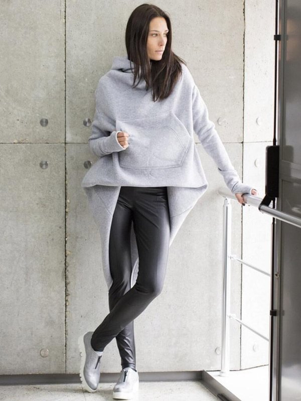 Thicken Simple Gray High-Low Long Hoodies