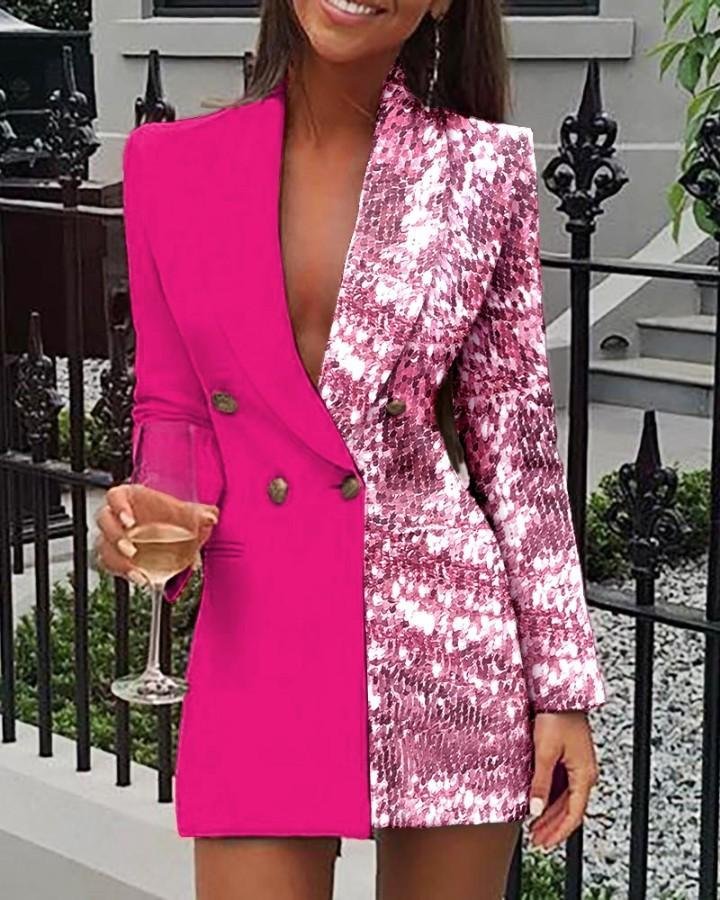 Sequins Colorblock Double Breasted Blazer Dress P14587