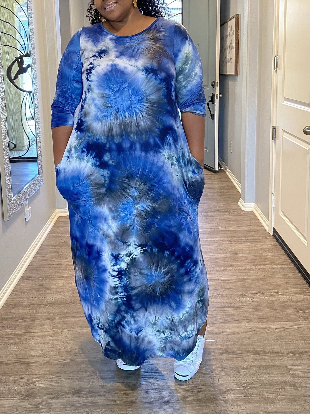 Blue Tie Dye Maxi Dress With Pockets