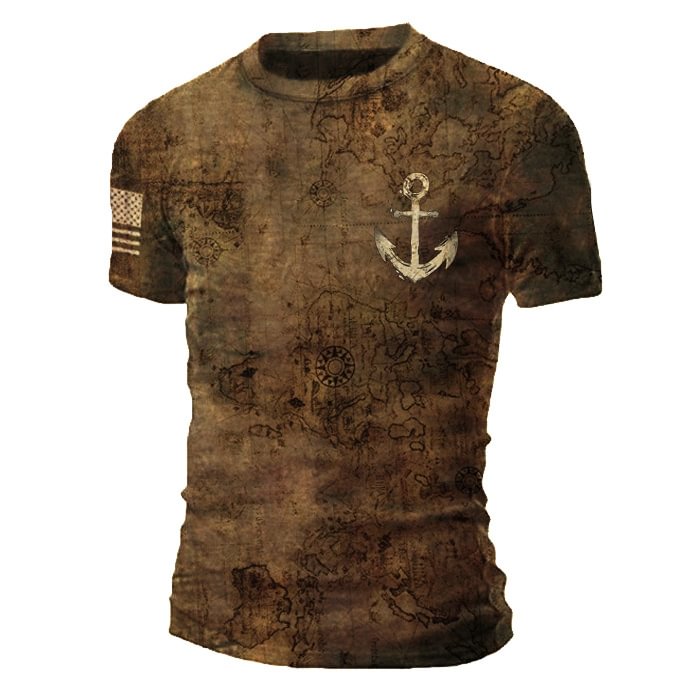 Mens map print ship anchor tactical short-sleeved T-shirt / [viawink] /