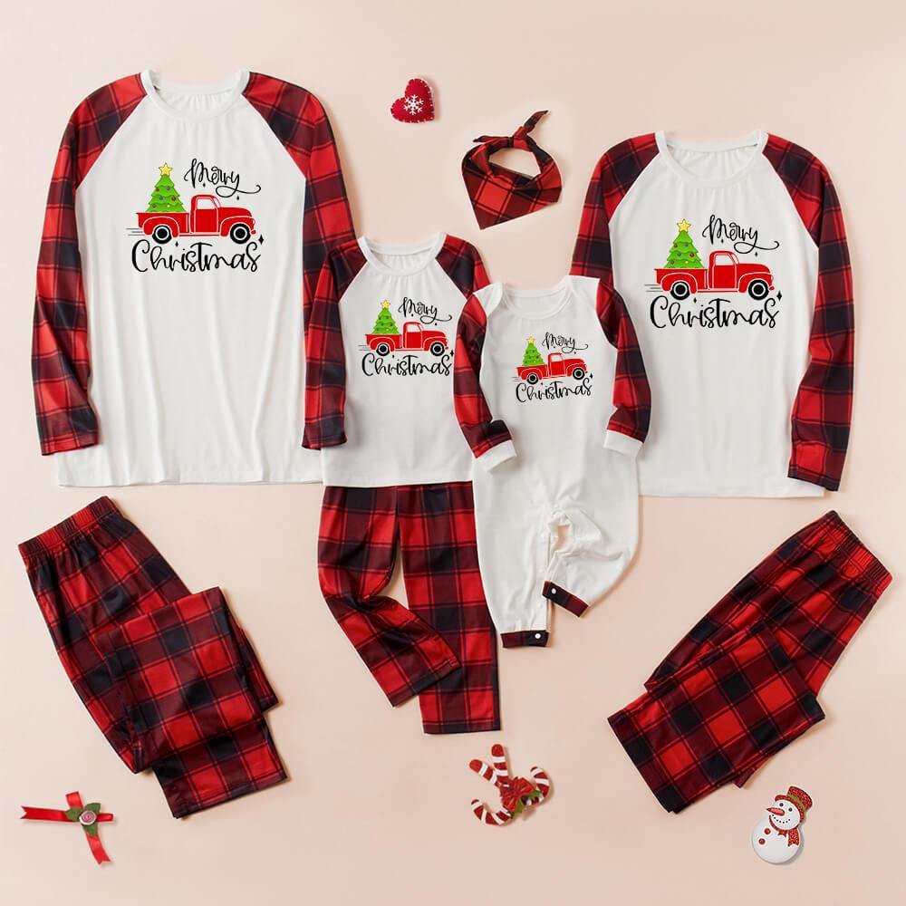 Red Truck Raglan Long-Sleeve White Top with Plaid Pants JJF2122 - vzzhome