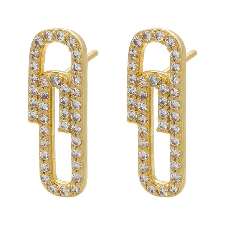 Iced Out Paper Clip Stud Earrings Gold Silver Jewelry