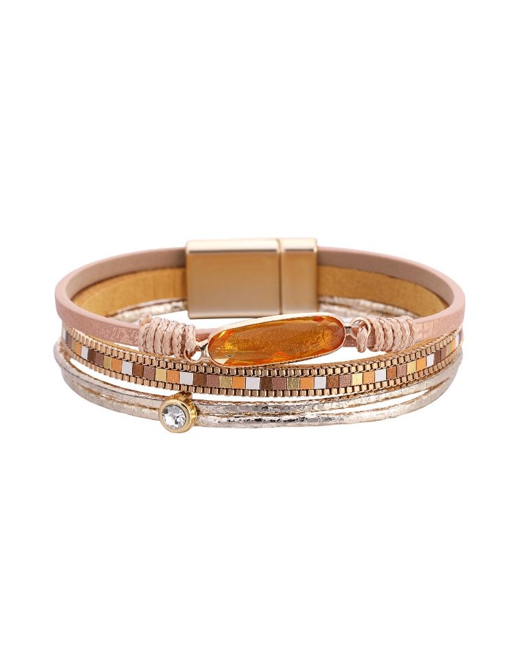 Boho Personality Fashion Bracelet Set with Crystal Multilayer Magnetic Buckle Leather Bracelet
