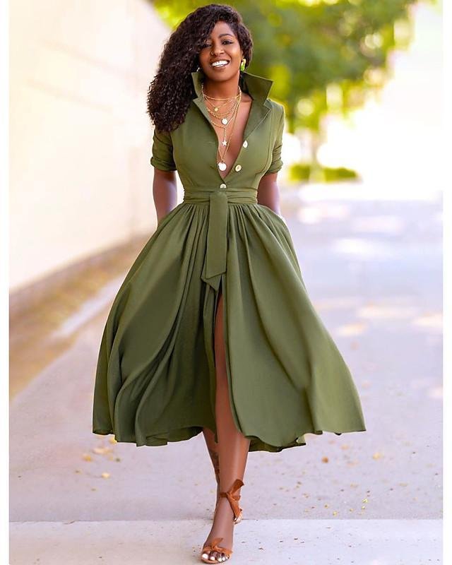 Women's A-Line Dress Midi Dress - Half Sleeve Split Summer Fall V Neck Hot Sexy Army Green Orange S M L XL-Corachic