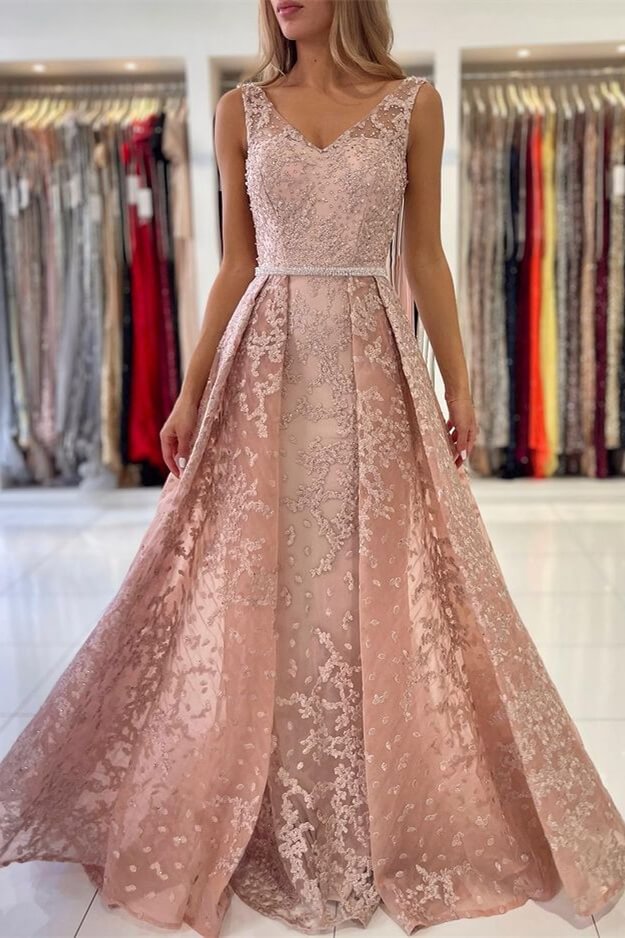 Luluslly Dusty Pink V-Neck Prom Dress Sleeveless Lace Appliques Overskirt