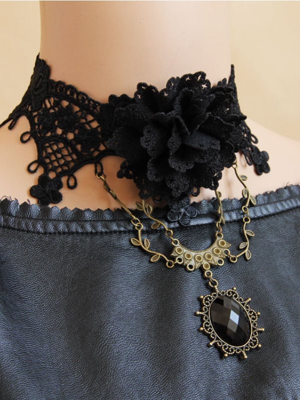Gothic Dark Festivals Costumes Lace Flower Decorated Choker with Chain and Crystal Pendants