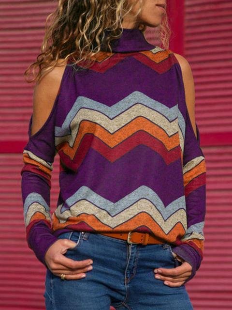 Geometric Print Cold Shoulder Casual Knitted Top