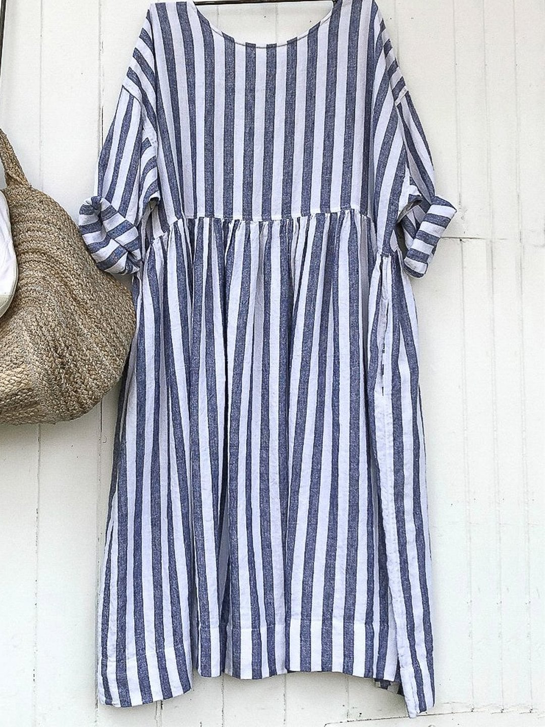 Women Gray/Blue And White Stripe Linen Dress