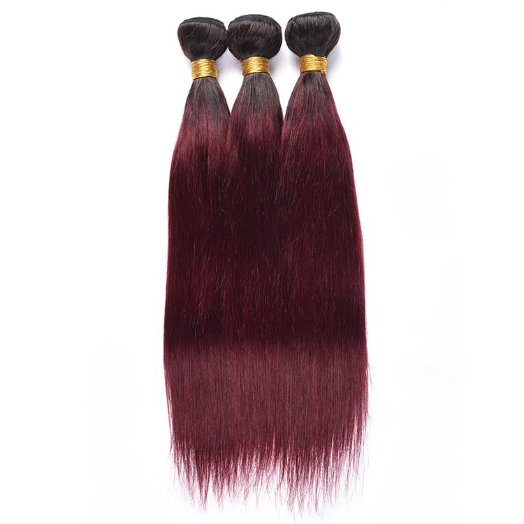 1 PC Black And Burgundy Gradient Straight Hair Bundles丨Malaysian Mature Hair、Virgin Hair、Original Hair