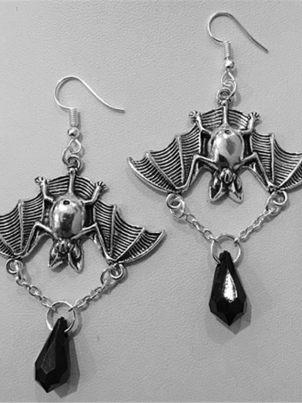Gothic Dark Bat Earrings with Black Crystal