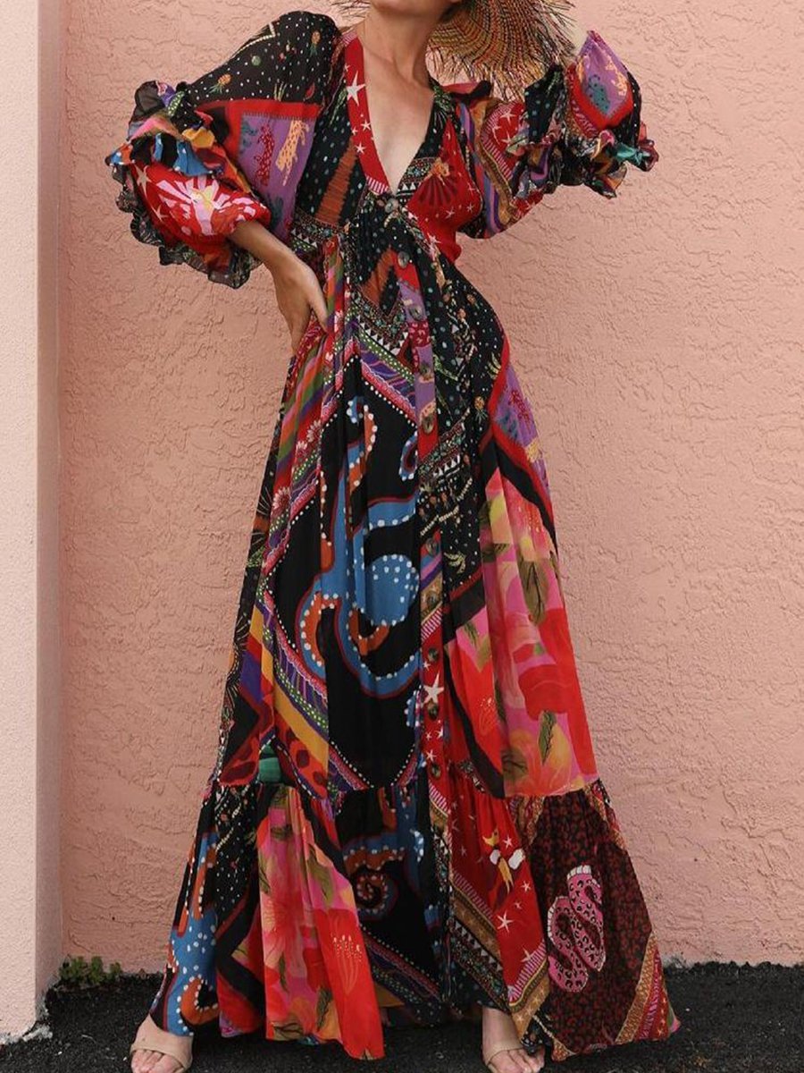 Glamorous Print V-Neck Long Sleeve Maxi Dress P12119