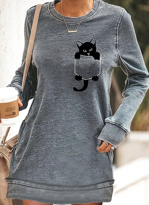 Women's cat print long sleeve sweatshirt dress