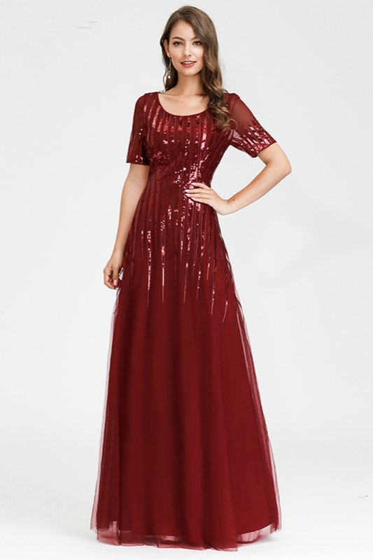 burgundy short sleeve sequins long prom dress