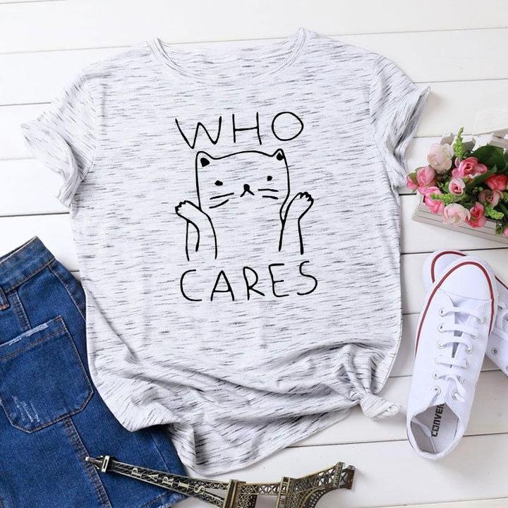 WHO CARES Letter Kitty Print Cotton T-Shirt