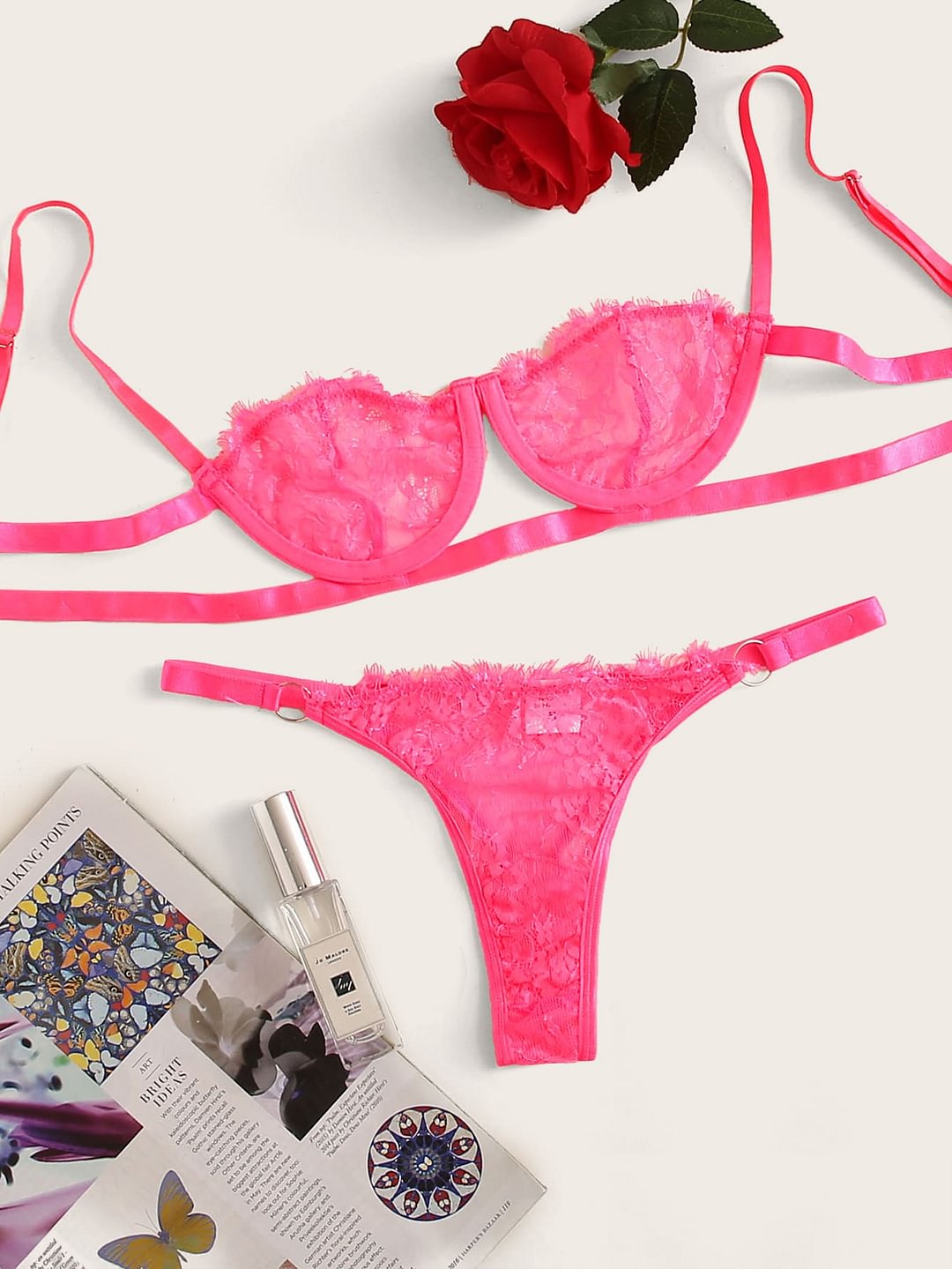 Neon Pink Floral Lace Lingerie Set-Icossi