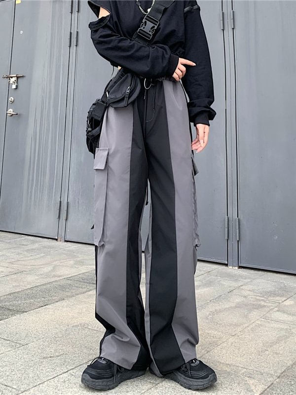 Statement Color Block Basic Pockets Decorated Streamer Elastic Waist Straight Loose Industrial Pants
