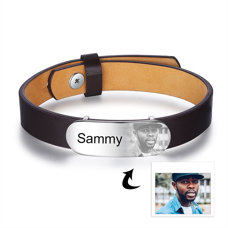 Personalized Genuine Leather Bracelet Engraved with Photo and Name