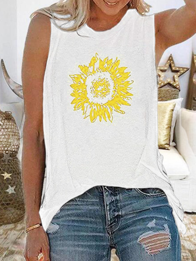 Plus Size Women Crew Neck Casual Sunflower Printed Tank Tops