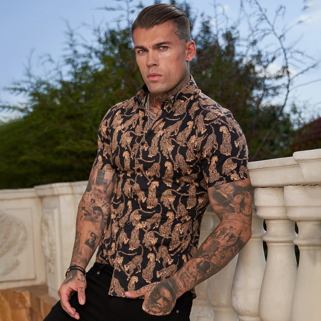 Leopard Pattern Tops Short Sleeve Men's Shirts-VESSFUL
