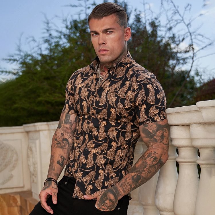Leopard Pattern Tops Short Sleeve Men's Shirts