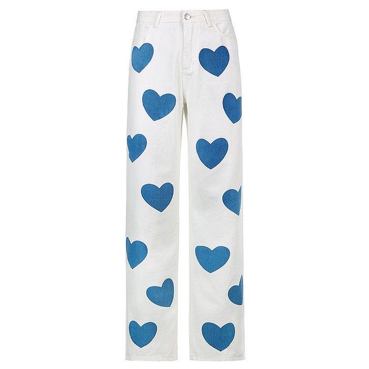 Blue Heart Stitching Color Straight Leg Relaxed Jeans - tree - Codlins