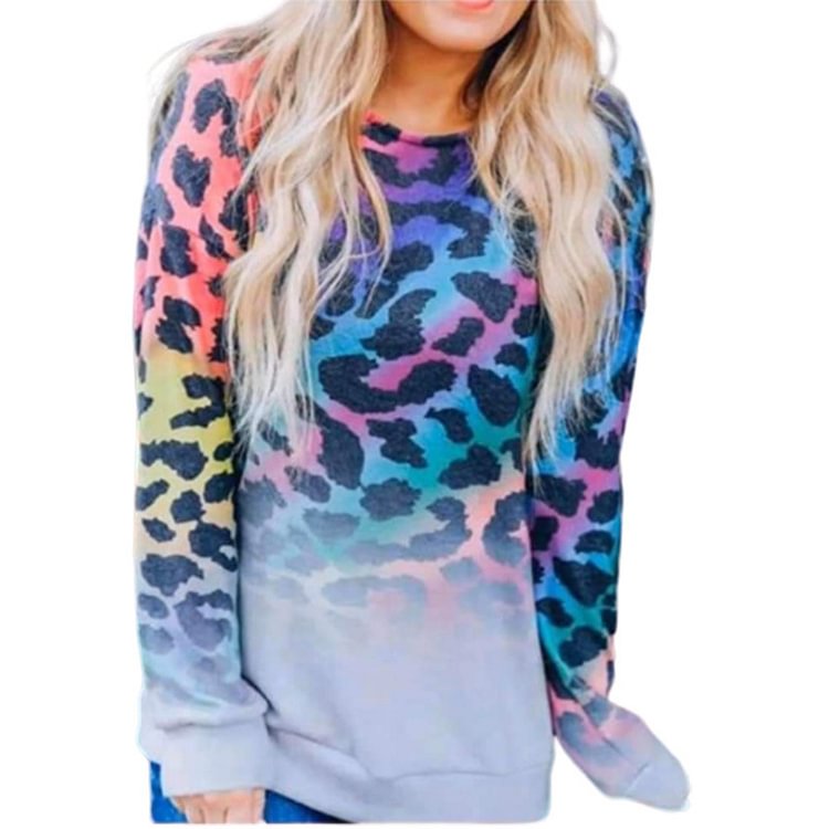 Women's Sweatshirts Colorful Leopard Gradient O-neck Sweatshirt In Multicolor