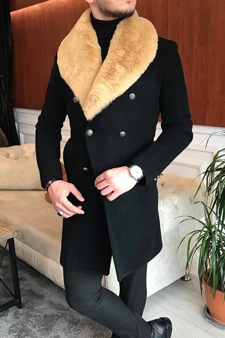 Tiboyz Winter Fur Collar Button Black Long Sleeve Coat