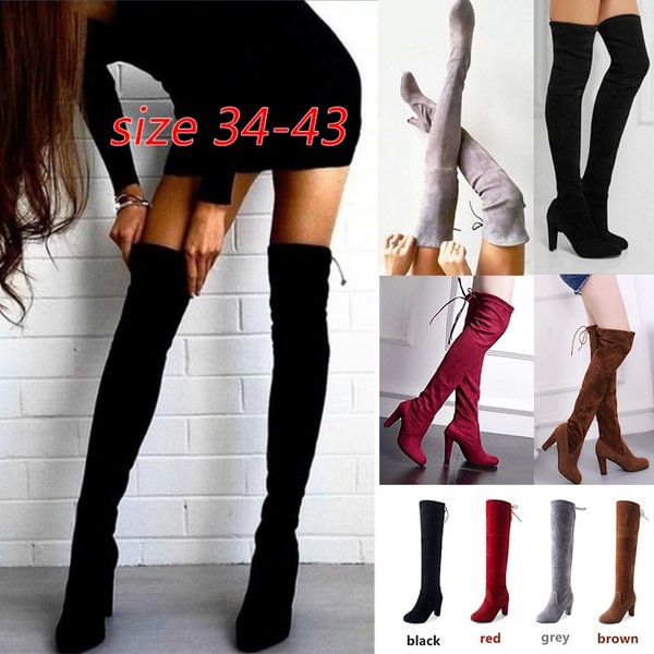 Women Stretch Slim Thigh High Boots Fashion Over The Knee High Heels Size 34-43 Red Black Grey Brown