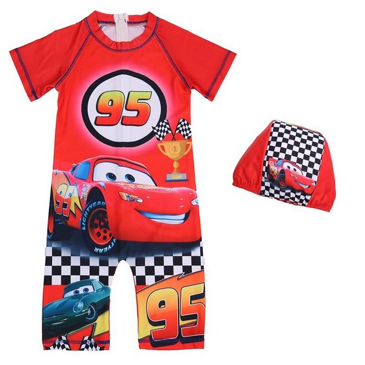 95 Car Lightning McQueen Printed Boys One Piece Swimsuit With Hat-Mayoulove