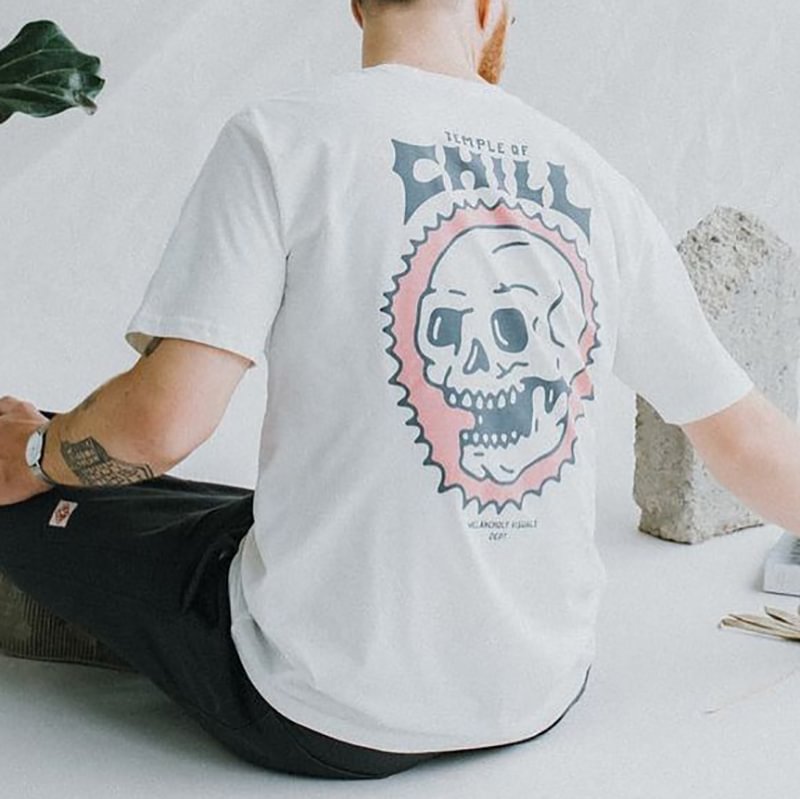 Skull print letter short sleeve t-shirt -  