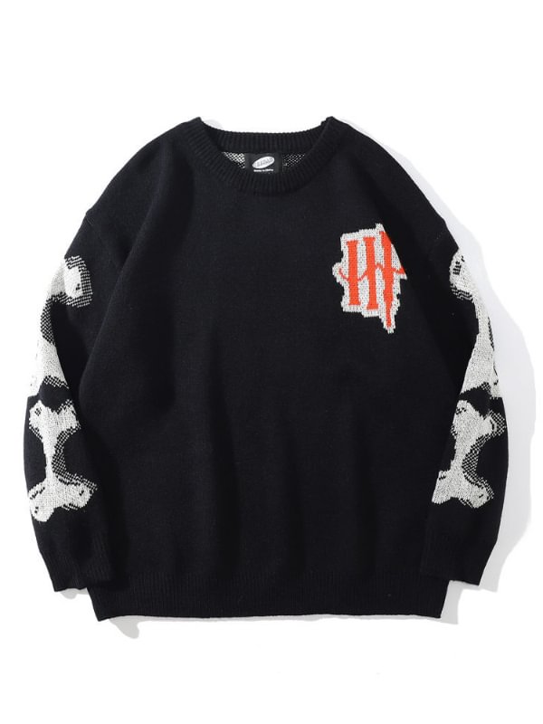 Gothic Dark Statement Skull & Letter Intarsia Crew Collar Long Sleeve Sweater