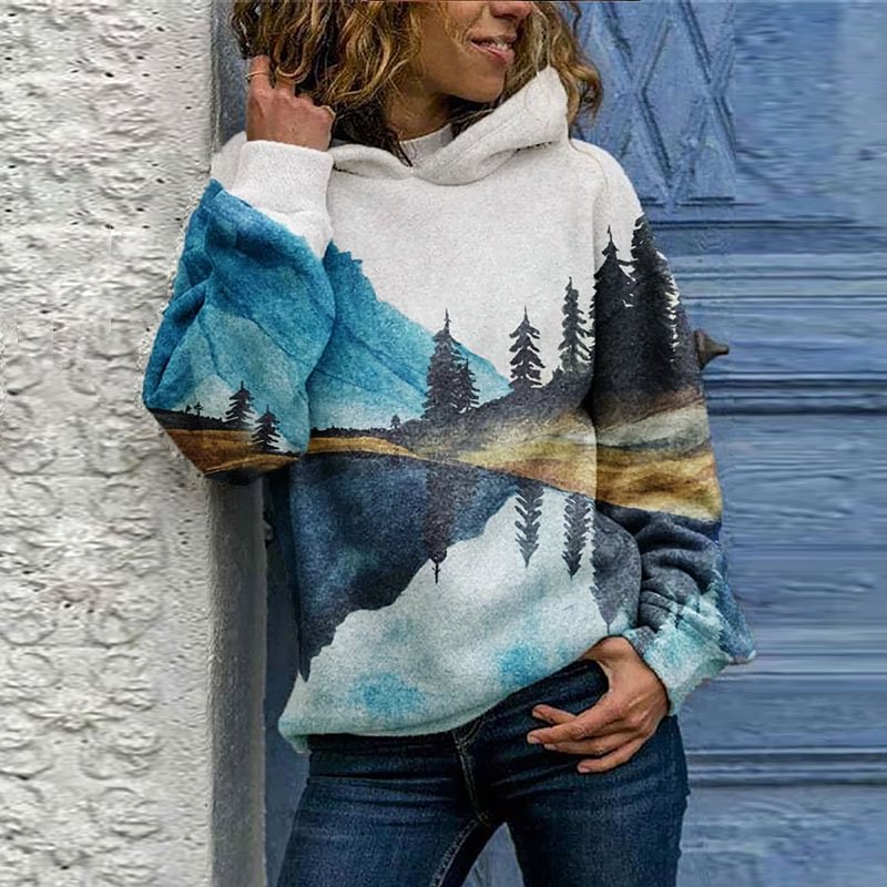 Mountain Lake Print Ladies Plus Cotton Hooded Sweatshirt