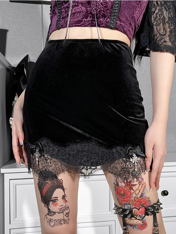 Velvet Solid Color Lace Paneled cross High Rise Bodycon Skirt