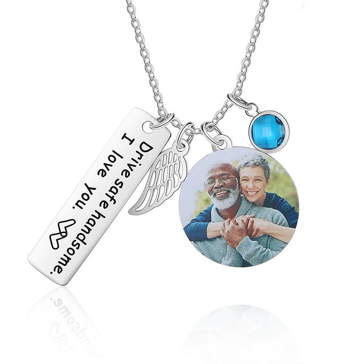 Personaized Picture Necklace With Angel Wing Custom Birthstone Necklace, Custom Necklace with Picture and Text