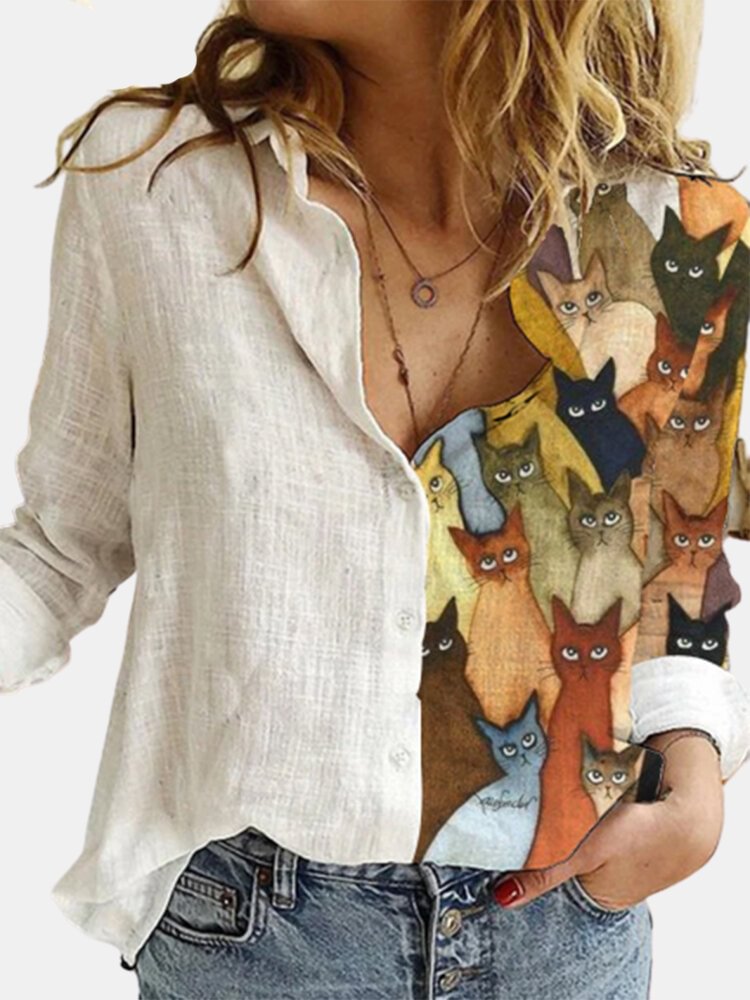 Cartoon Cat Printed Long Sleeve Turn-down Collar Patchwork Blouse For Women