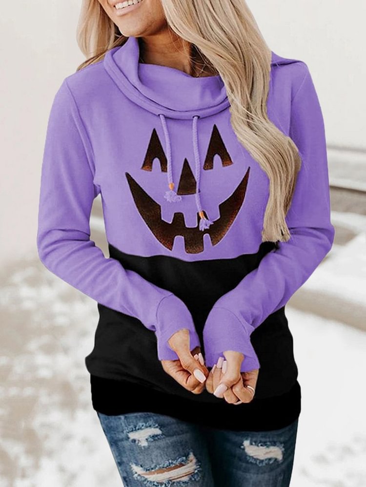 Halloween Pumpkin Print High Neck Lace Casual Long Sleeve Ladies Top sweatshirts