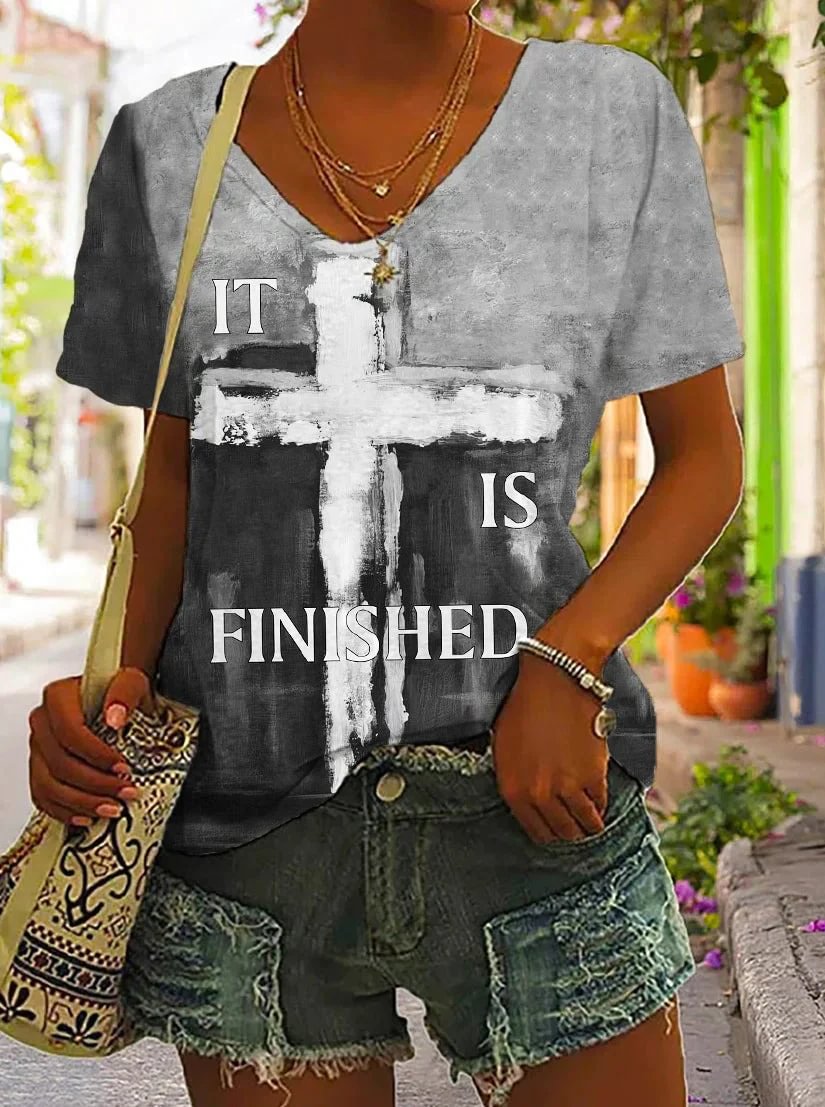 2022 New Lucky Cross Jesus Religious V-Neck Printed T-Shirt