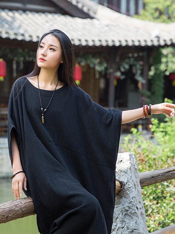 Loose Solid Batwing Sleeves Round-Neck Midi Dress