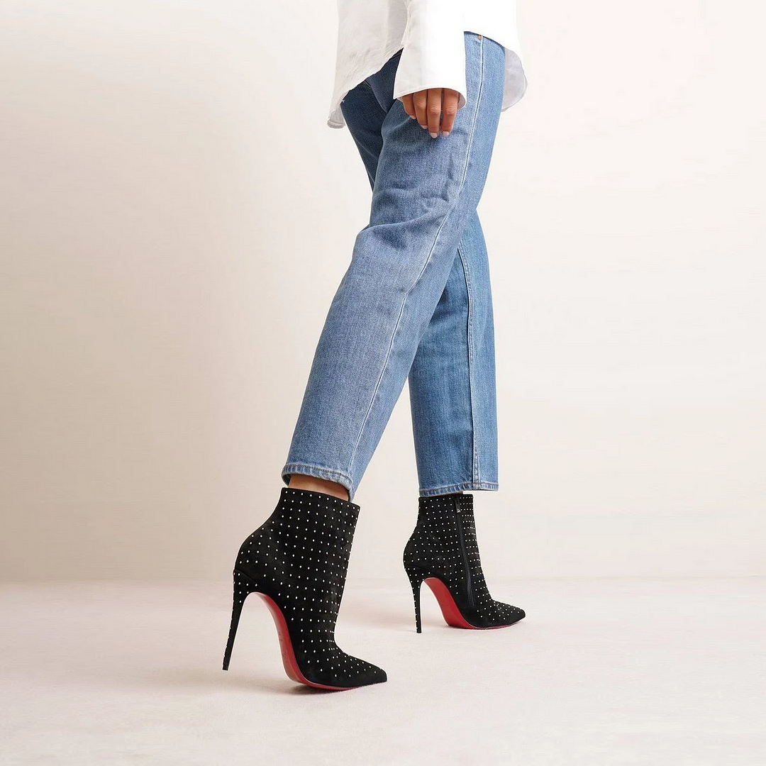 100mm Women's Pointed Toe Stilettos Ankle Boots Suede Red Bottom Shoes-vocosishoes