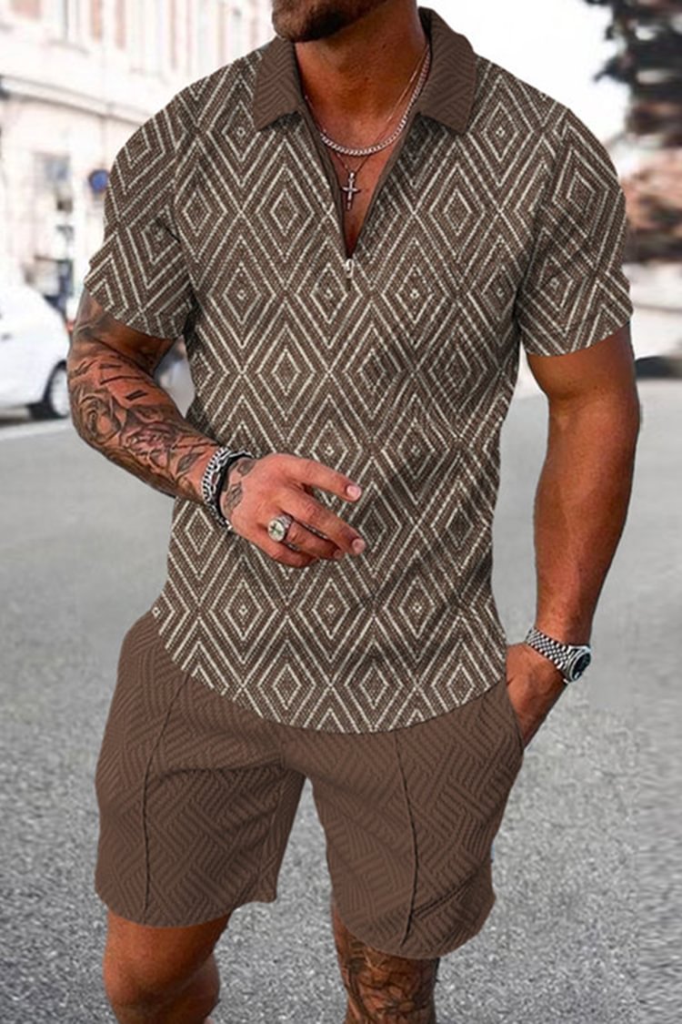 Tiboyz Fashion Men's Outfits Dark Pattern Short Sleeve Polo Shirt Set