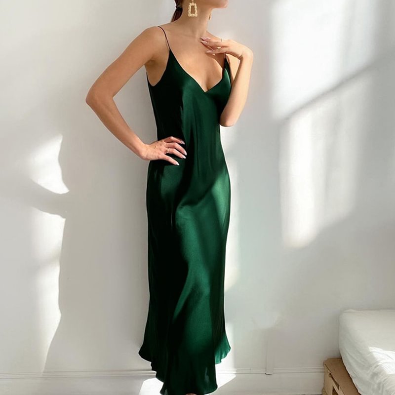 Unireal 2022 Summer Women Satin Slip Dress Spaghetti Strap Vintage Green Black Silk Sexy Long Party Dress