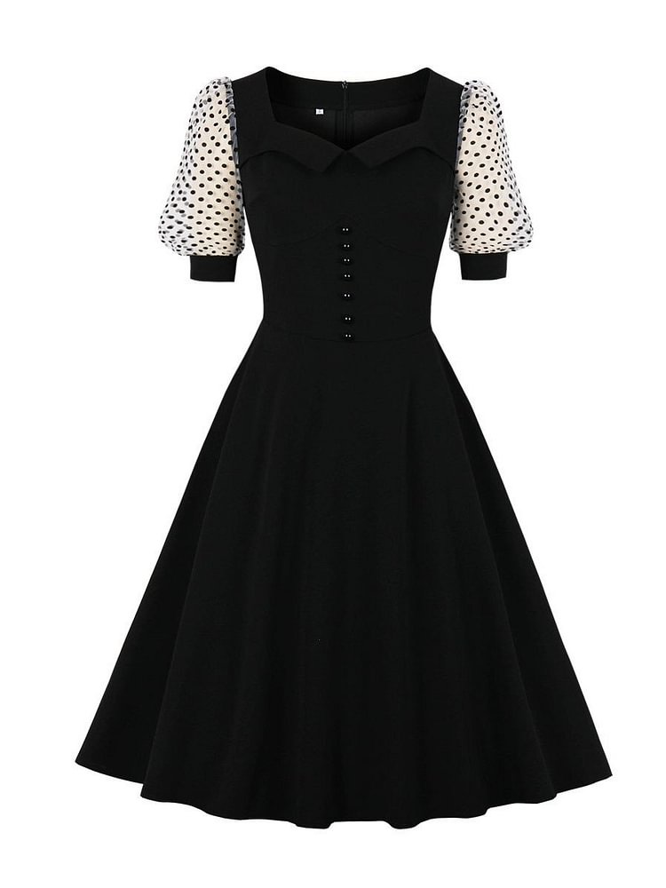 Mayoulove 1950s Dress Square Collar Button Polka Dot Puff Sleeve Dress-Mayoulove