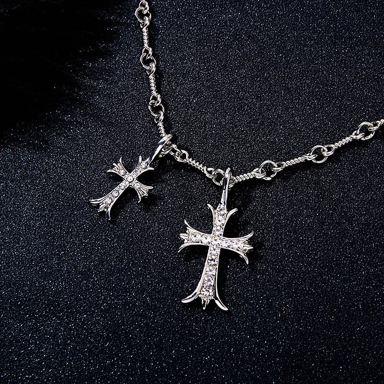 Vintage Goth Double Cross Rhinestone Pendants Necklace Jewelry