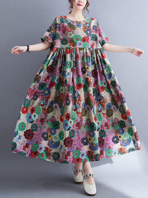 Vintage Loose Multi-Colored Floral Printed Midi Dress