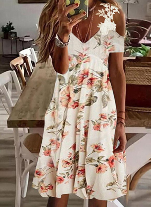 Print Lace Short Sleeves Cold Shoulder Sleeve Shift Above Knee Casual/vacation Dresses