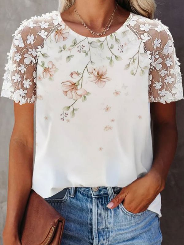 Round Neck Lace Panel Loose Floral Print Short Sleeve T-shirt