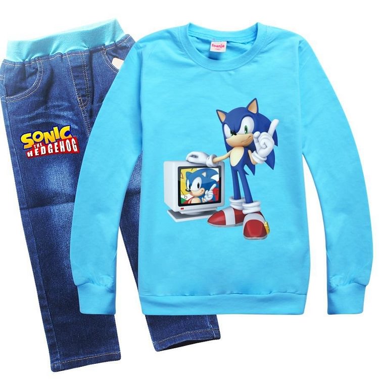 Mayoulove Boys Girls Sonic The Hedgehog Print Pullover Hoodie Jeans Outfit Sets-Mayoulove