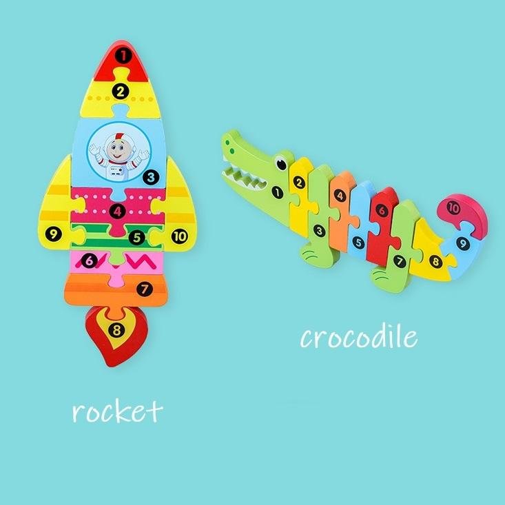 Big wooden puzzle for kids ages 0-7, parrot, giraffe, truck, rocket, crocodile, snake-Mayoulove