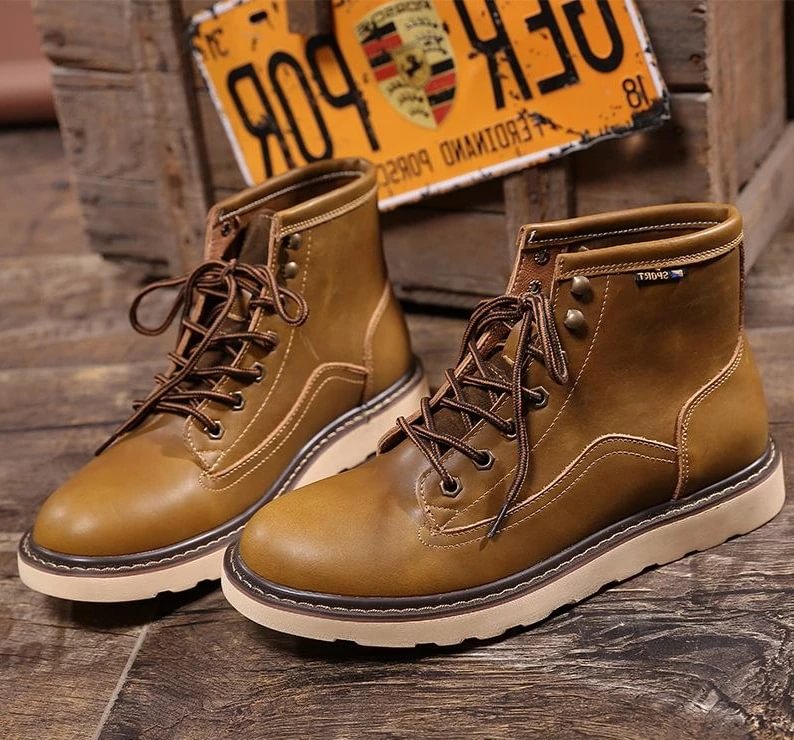 Men Spring Winter Casual Round Toe Genuine Leather Work Boots Goodyear-Welted Vintage Military Motorcycle Boots-Corachic